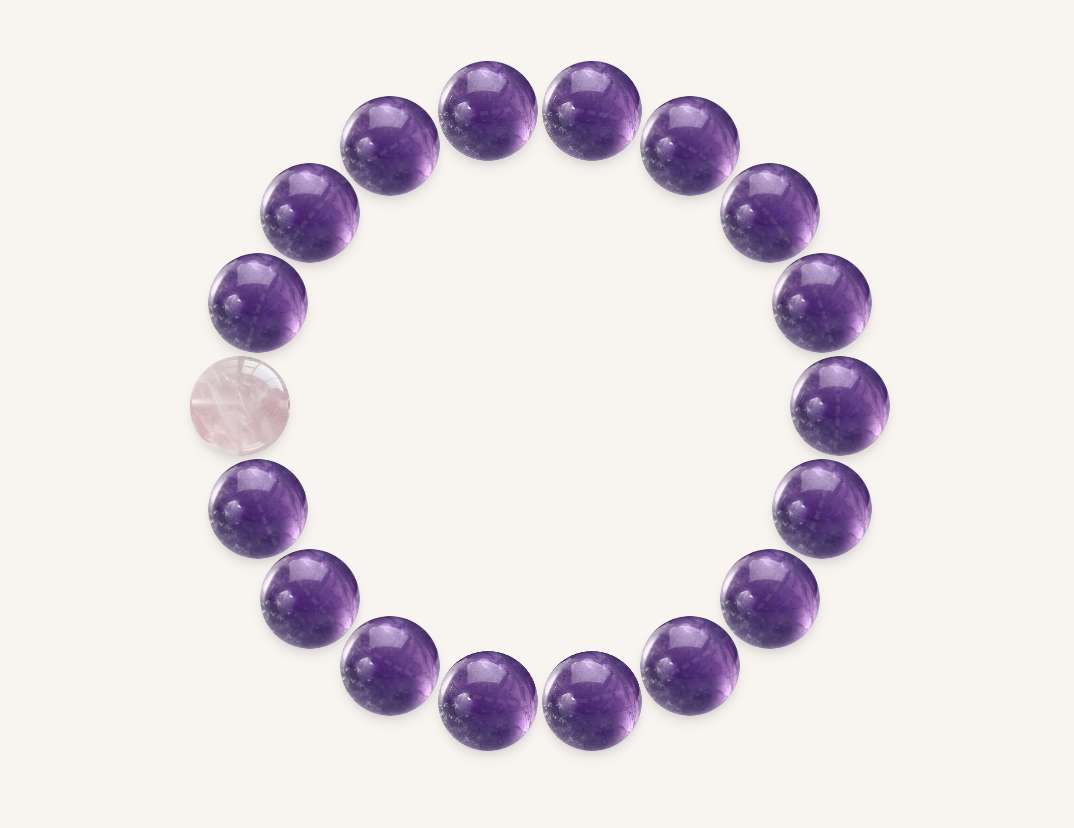 Gemstone bracelet with central Moonstone focal bead surrounded by Amethyst and Rose Quartz